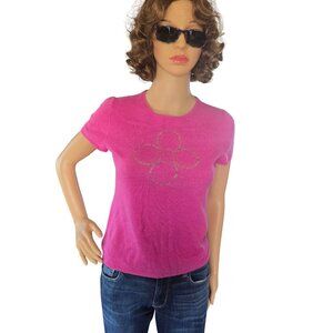Vintage y2k Saks Fifth Avenue Cashmere Baby Tee Pink Rinestone Flower Size Mediu